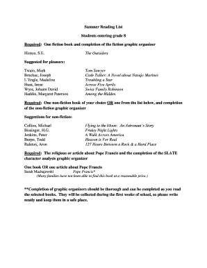 Summer Reading List for 8th Grade Students