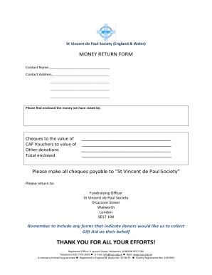 St Vincent de Paul Society Money Return Form