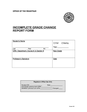 Incomplete Grade Change Report Form