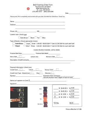 Belt Finishing Order Form