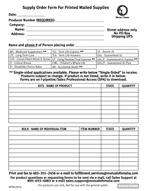 Supply Order Form for Printed Mailed Supplies