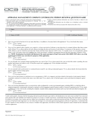 Appraisal Management Company Controlling Person Renewal Questionnaire