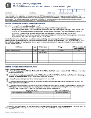 2015-2016 Dependent Student Verification Worksheet