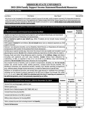 Missouri State University Family Support Income Statement