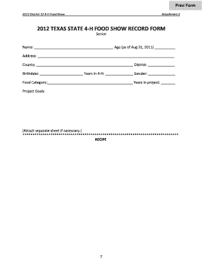 2012 Texas 4-H Food Show Record Form