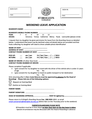 WEEKEND LEAVE APPLICATION - St Brigids College