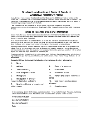 Student Handbook and Code of Conduct Acknowledgment Form