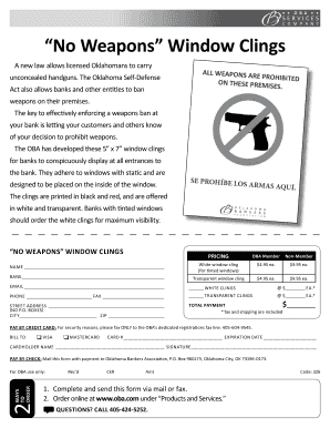 Oklahoma No Weapons Window Cling Order Form