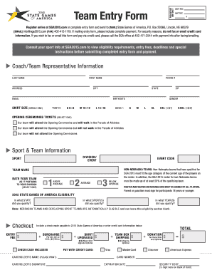 2015 State Games of America Team Entry Form