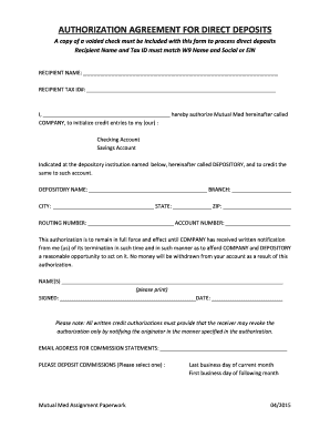 Authorization Agreement for Direct Deposits