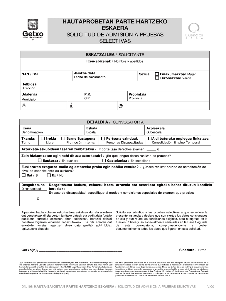 DN 198 Solicitud de admision a pruebas selectivasdoc Vista previa en la página 1