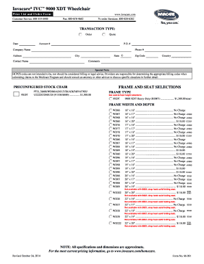 Invacare IVC 9000 XDT Wheelchair Order Form