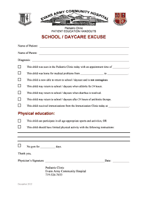 School Daycare Excuse Form