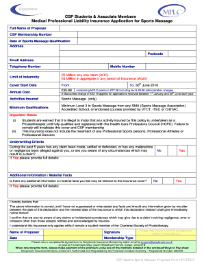 CSP Student Sports Massage Insurance Application