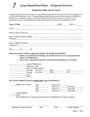 Long Island Head Start Medication Policy Review Form