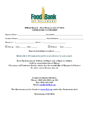 Food Bank Order Form Cover Sheet