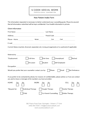 New Patient Intake Form for Counselling