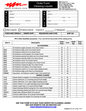 Regent Products Cleaning Liquids Order Form