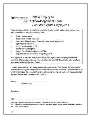 State Employee GIC Benefit Acknowledgement Form
