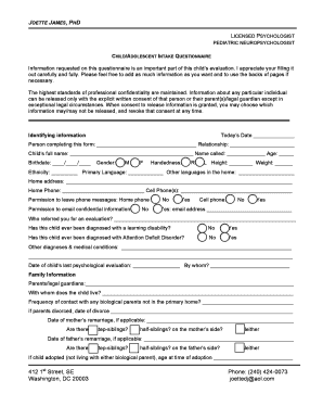 Child Adolescent Intake Questionnaire