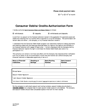 Consumer Debits/Credits Authorization Form