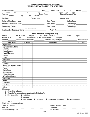 Hawaii Student Athlete Physical Examination Form