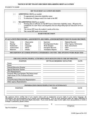 Notice of IEP Team's Decision Regarding Reevaluation