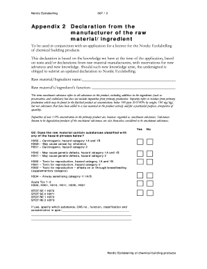 Nordic Ecolabelling Raw Material Declaration