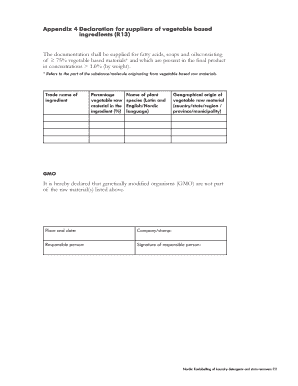 Declaration for Vegetable Based Ingredients