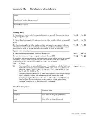 Metal Parts Manufacturer Compliance Form