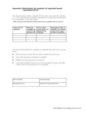 Supplier Declaration for Vegetable Ingredients