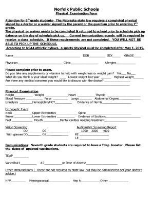 Nebraska 6th Grade Physical Examination Form