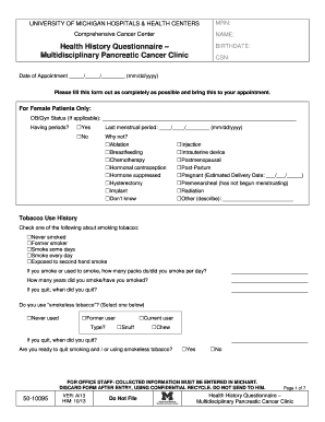 Health History Questionnaire for Pancreatic Cancer Clinic