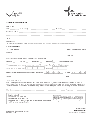 Standing Order Form for East Anglian Air Ambulance