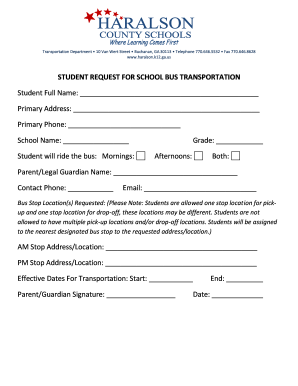 Student Request for School Bus Transportation