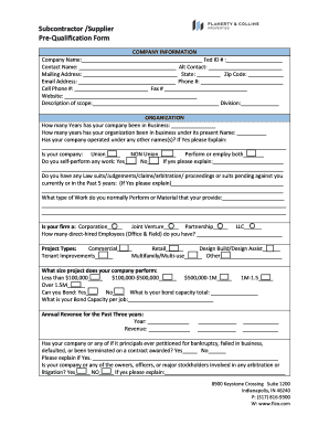 Subcontractor Supplier Pre-Qualification Form