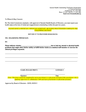 Summit Health Credentialing Verification Form