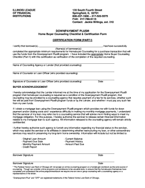 Illinois Downpayment Plus Home Buyer Counseling Certification Form