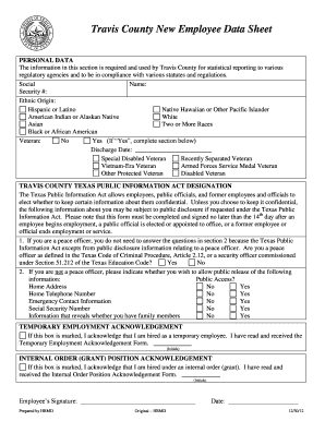 Travis County New Employee Data Sheet