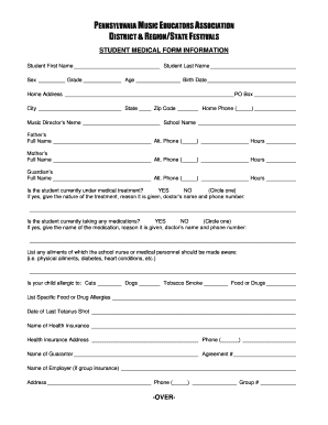 Pennsylvania Music Educators Association Student Medical Form