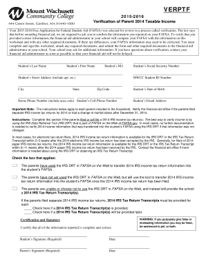 Verification of Parent 2014 Taxable Income Form