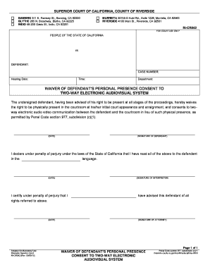 California Waiver of Defendant's Personal Presence Consent to Two-Way Electronic Audiovisual System