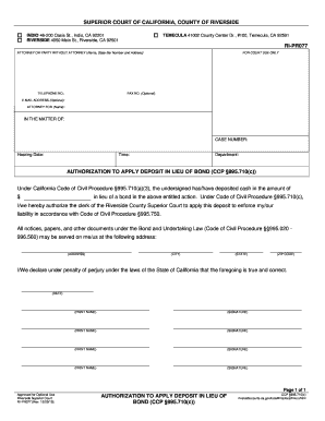 Authorization to Apply Deposit in Lieu of Bond