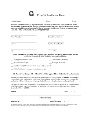 Proof of Residence Form