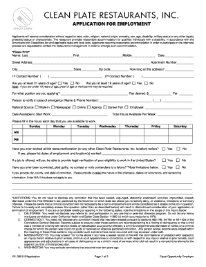 Clean Plate Restaurants Employment Application