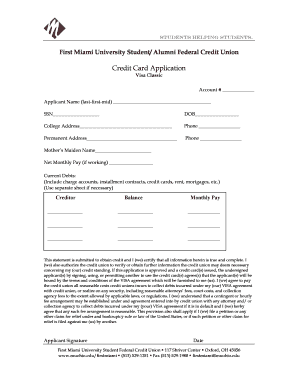 First Miami University Student Credit Card Application