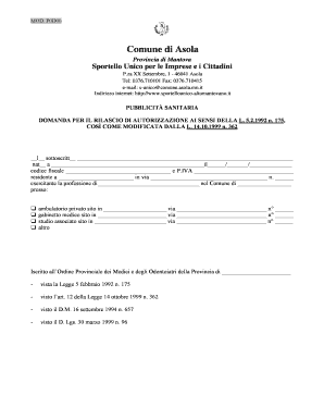 Domanda per il rilascio di autorizzazione ai sensi della L. 5.2.1992 n. 175