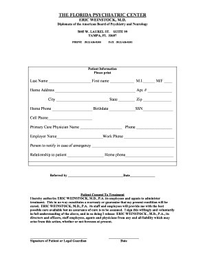 Florida Psychiatric Center Patient Intake Form