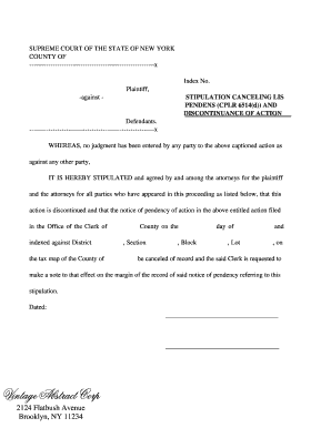 Stipulation Canceling Lis Pendens and Discontinuance of Action