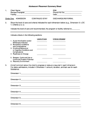 Adolescent Placement Summary Sheet